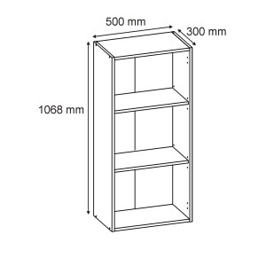Szkic półki/szafki do przechowywania z 3 przegródkami i wymiarami.