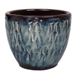 Dekoracyjna niebieska doniczka t.b.t. z wzorem reliefowym.