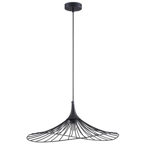 Czarna lampa wisząca t.b.t. z delikatnym kloszem z metalowego drutu.