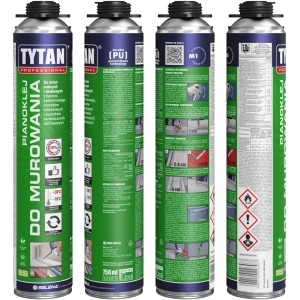 Klej montażowy Tytan do murowania, zielona puszka z informacjami o produkcie.