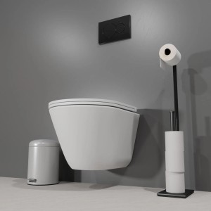 Biała, wisząca miska WC t.b.t. z uchwytem na papier toaletowy i koszem.