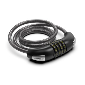 Czarna linka rowerowa t.b.t. z zamkiem szyfrowym i szarą obudową.