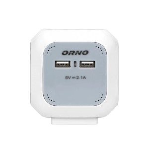 Biały adapter gniazda USB ORNO z dwoma portami USB, pasuje do przedłużaczy.