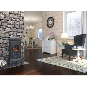 Dekoracyjny piec kominkowy w salonie. Przytulna atmosfera z kamienną ścianą i fotelem.