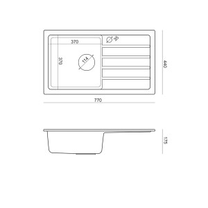 Rysunek techniczny zlewozmywaka granitowego t.b.t. z wymiarami.