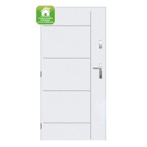 Białe drzwi zewnętrzne z poziomymi liniami i srebrną klamką.