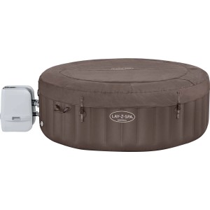 Brązowa nadmuchiwana wanna z hydromasażem z pokrywą i jednostką sterującą.