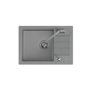 Szary zlewozmywak granitowy t.b.t. z ociekaczem i dozownikiem mydła, widok z góry.