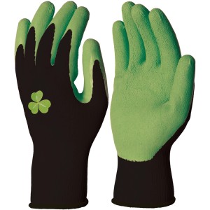 Zielono-czarne rękawice ogrodowe z motywem koniczyny do prac w ogrodzie.