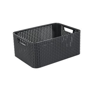 Czarny plastikowy pojemnik do przechowywania t.b.t. z uchwytami.