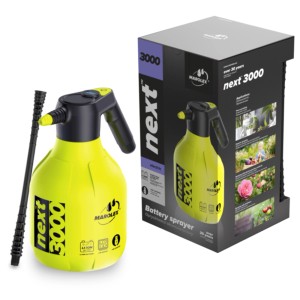 Żółty opryskiwacz akumulatorowy Next 3000 z lancą i opakowaniem firmy Marolex.