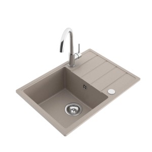 Zlewozmywak granitowy t.b.t. w kolorze beżowym z ociekaczem i baterią.