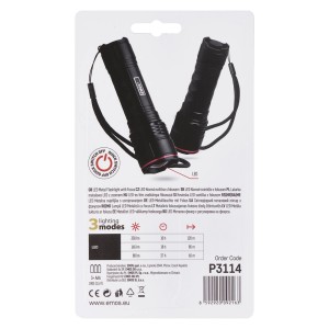 Czarna latarka LED z funkcją regulacji ostrości, różne tryby świecenia.