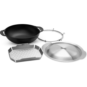 Zestaw Weber Crafted Wok, 5,7 l, czarny, z wkładem do gotowania na parze, pokrywką i pierścieniem dla optymalnej stabilności.