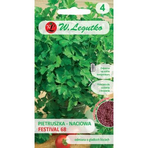 Opakowanie nasion pietruszki 'Festival 68', Nasiona warzyw. Gładkie, zielone liście.