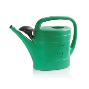 Zielona plastikowa konewka t.b.t., pojemność 14 litrów.