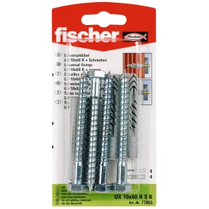 Fischer Uniwersalny kołek UX 10x60 RSK ze śrubami, 4 sztuki, do wszystkich materiałów budowlanych.