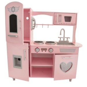 Różowa drewniana kuchnia dla dzieci z lodówką, kuchenką, zlewem i mikrofalówką.