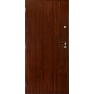 Brązowe drzwi zewnętrzne z klamką i zamkiem.