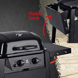Czarny grill gazowy z FlexX-Zone do wszechstronnego grillowania.