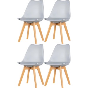 Zestaw czterech szarych, nowoczesnych krzeseł tapicerowanych t.b.t. z drewnianymi nogami.