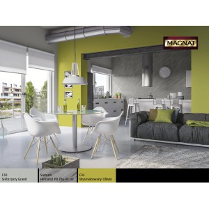 Pokój dzienny z kolorowo pomalowaną ścianą (t.b.t.) i nowoczesnymi meblami.