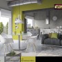 Pokój dzienny z kolorowo pomalowaną ścianą (t.b.t.) i nowoczesnymi meblami.