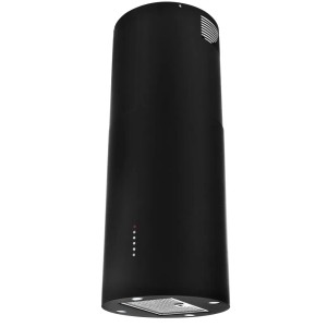 Czarny, cylindryczny okap wyspowy. Nowoczesny design do kuchni.