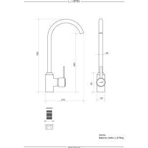 Rysunek techniczny: bateria jednouchwytowa t.b.t. z wymiarami.