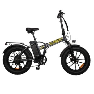 Składany rower elektryczny w kolorze szarym z grubymi oponami i bagażnikiem ułatwiającym transport.