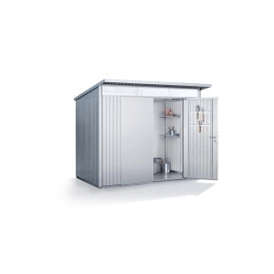 Otwarty, srebrny metalowy domek narzędziowy t.b.t. z półkami i narzędziami.