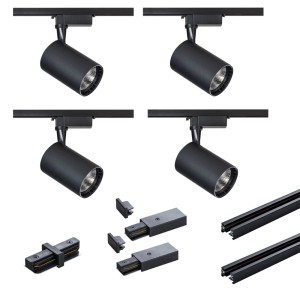 Czarny system szynowy LED t.b.t. z czterema reflektorami i akcesoriami.