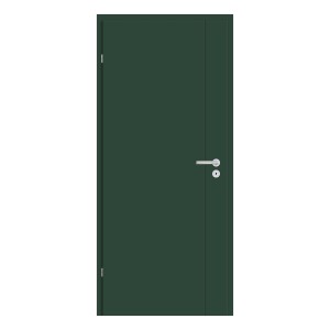 Zielone drzwi wewnętrzne z srebrną klamką. Solidne drzwi do użytku wewnętrznego.