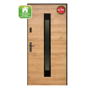 Nowoczesne drzwi zewnętrzne w kolorze drewna z wąskim panelem szklanym. Drzwi wejściowe do nowego budownictwa i renowacji.