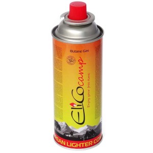 Nabój gazowy butan do kuchenek kempingowych, czerwono-żółty.