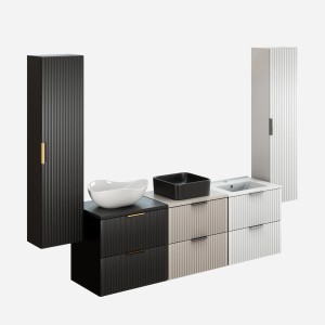 t.b.t. Blaty łazienkowe w kolorze czarnym, białym i beżowym z umywalkami nablatowymi i szafką.