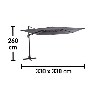 Szary parasol na wysięgniku t.b.t., kwadratowy, 330x330 cm, wysokość 260 cm. Idealny do ogrodu i na taras.