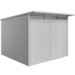 Metalowy domek narzędziowy w kolorze srebrnym z drzwiami. Idealny do przechowywania narzędzi ogrodowych.