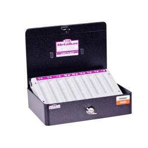 Otwarty, czarny sejf t.b.t. z wkładką na monety do przechowywania posortowanych monet.