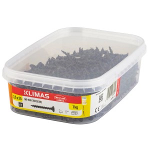 Czarne wkręty w przezroczystym pojemniku, akcesoria do płyt gipsowo-kartonowych.