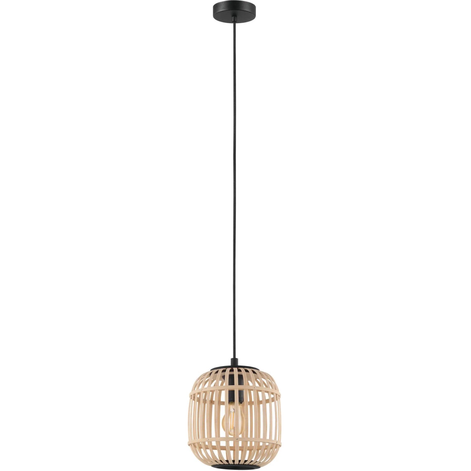 Nowoczesna lampa wisząca Eglo Bordesley z naturalnym bambusowym kloszem i czarnym zawieszeniem.