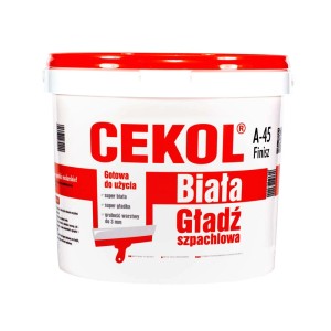 Wiadro białej gładzi szpachlowej CEKOL A-45, gotowej do użycia do gładkich ścian.