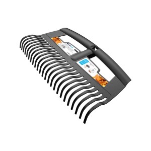 Czarne grabie ogrodowe do czyszczenia liści i odpadów ogrodowych.