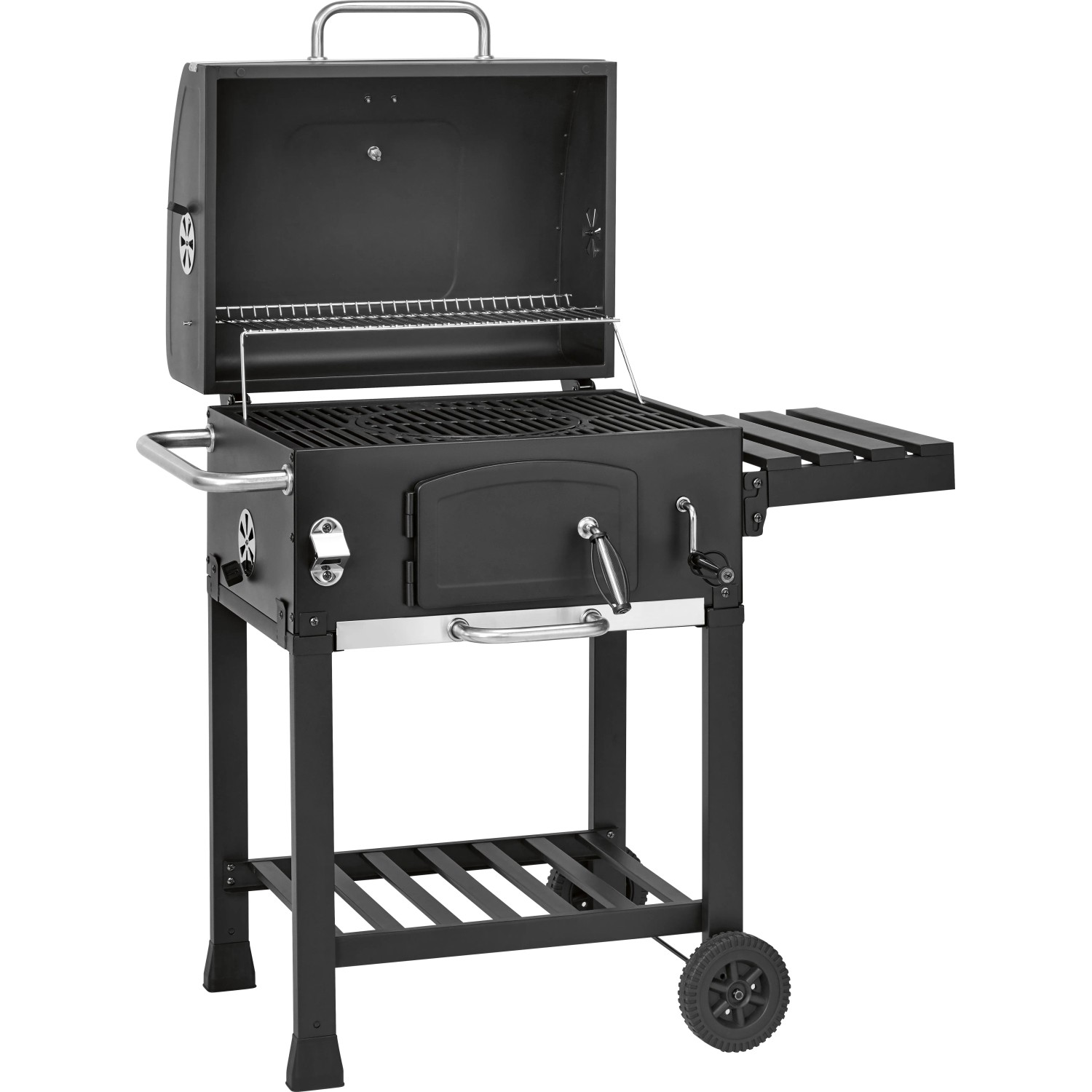 Czarny grill węglowy Jamestown Jaxon z otwartą pokrywą i modułowym rusztem.