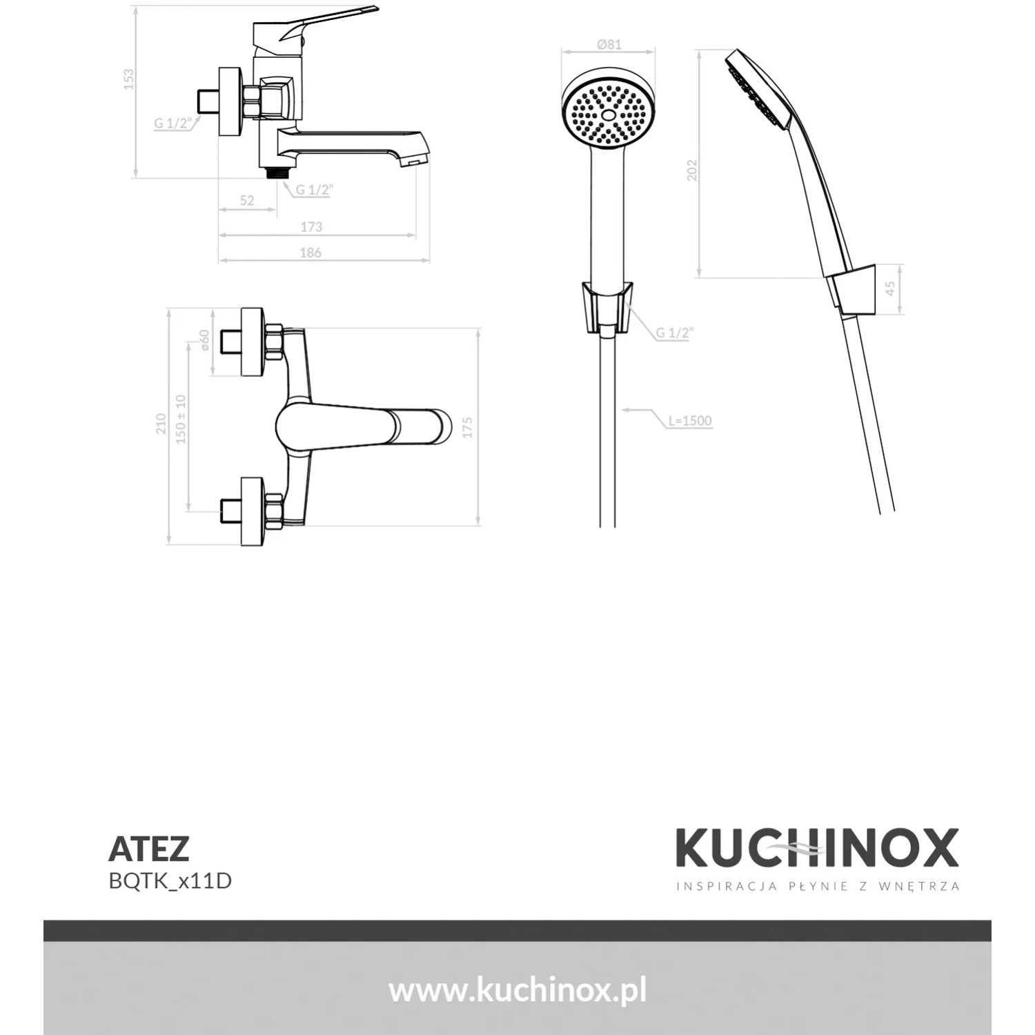 Kuchinox Bateria wannowa ścienna z zestawu natryskowego Atez chrom_2