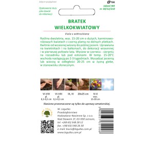 Opakowanie nasion bratka (Viola wittrockiana) z informacją o okresie kwitnienia i instrukcją sadzenia.