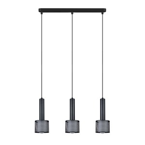 Czarna lampa wisząca t.b.t. z trzema kloszami w stylu industrialnym.