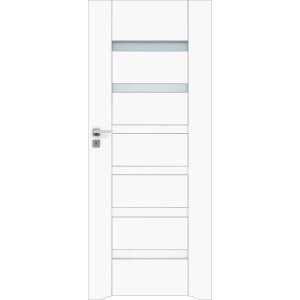 Białe drzwi wewnętrzne z pięcioma poziomymi, częściowo przezroczystymi panelami.