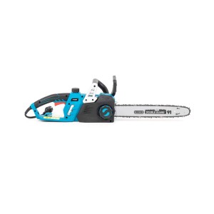 Niebieska piła elektryczna t.b.t. z prowadnicą Oregon.