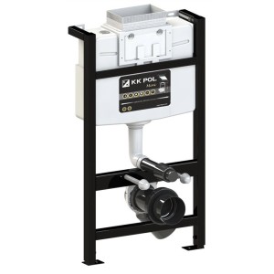 Zestaw WC t.b.t. z czarną ramą i białą spłuczką.